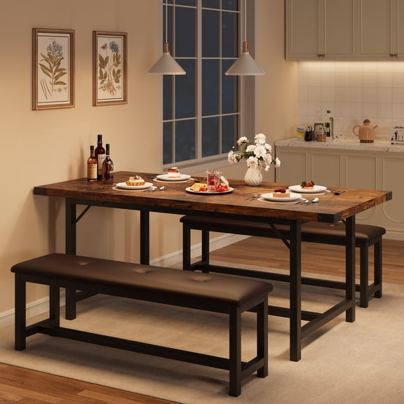 3 Piece Dining Table Set for 4-6, Space-Saving 63" Extendable Rectangular Dining Table Set with 2 Upholstered Benches Set for 6, Rectangle Wooden Dinette Table Set for Dining, Apartment
