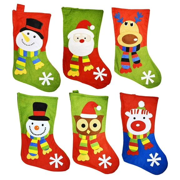 18" Felt Christmas Stockings with Hanging Tag - Set of 6 (Designs Include: Santa, Snowman, Reindeer, Polar Bear, & Owl)