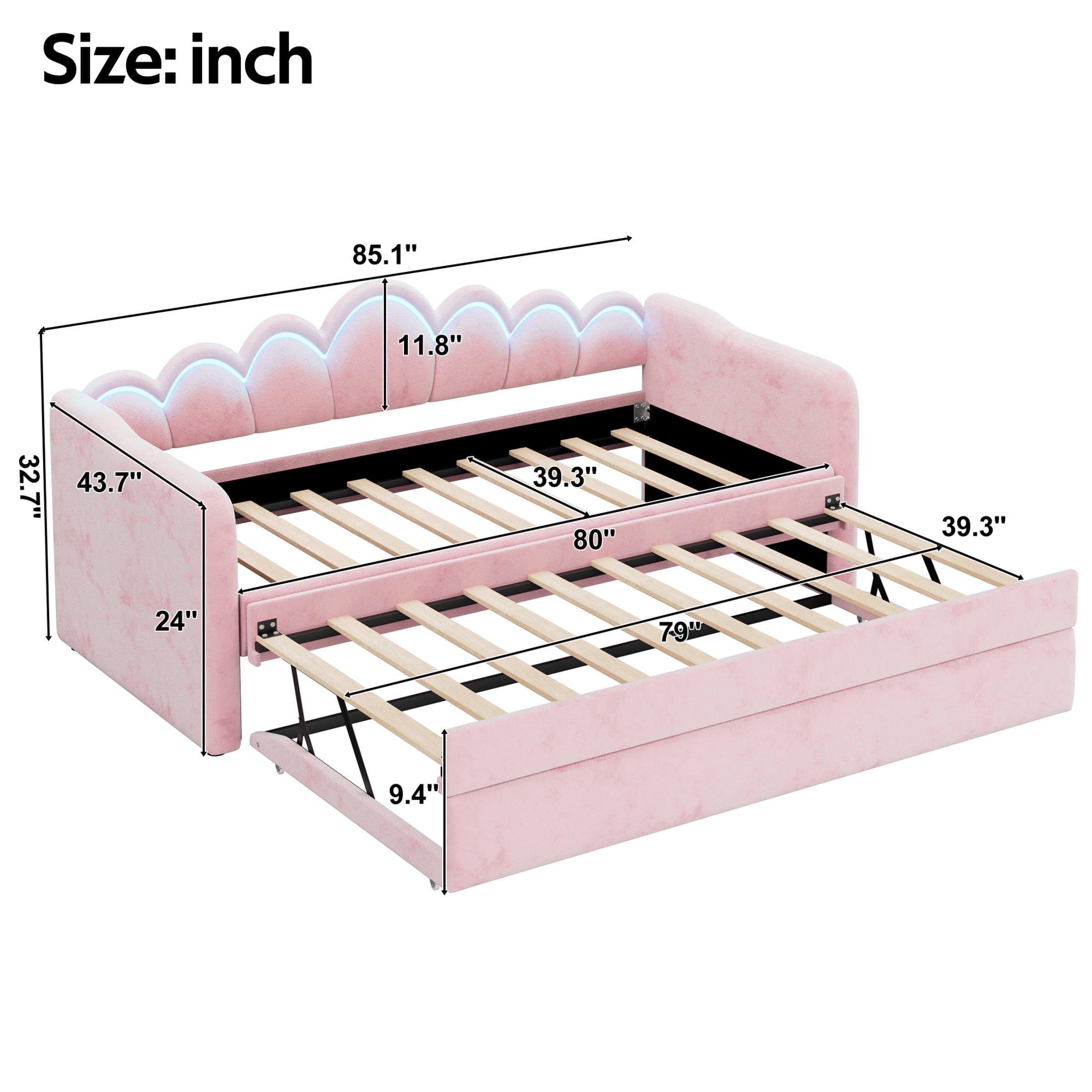 Noble House Twin XL Upholstered Velvet Daybed with LED Light and Pop-Up Height Trundle, Space Saving Design, Pink