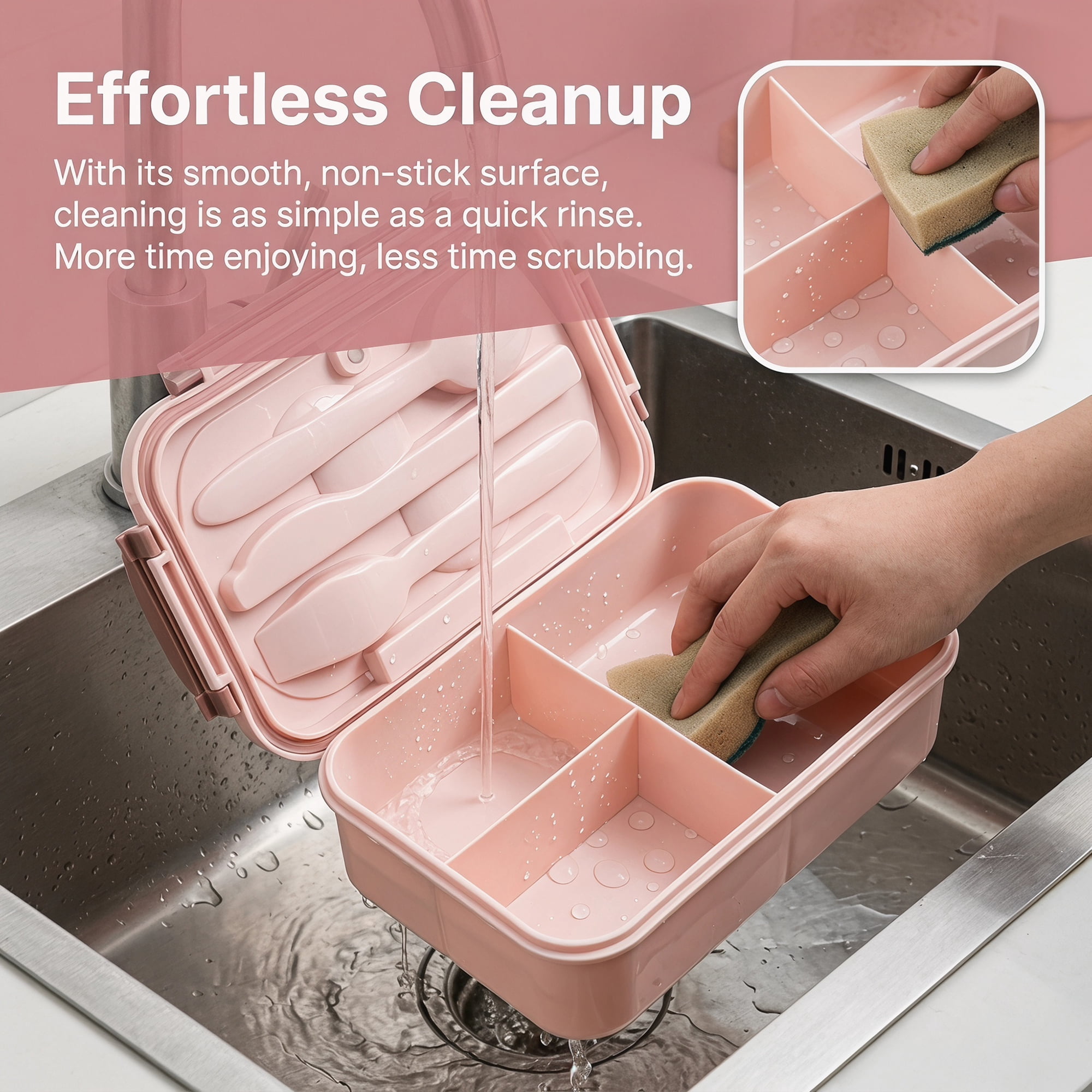 Unique Bargains 3-Compartment Leak-Proof  Lunch Bento Box with Utensils Pink