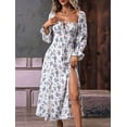 thumbnail image 5 of Womens Casual Square Neck Long Sleeve Boho Floral Midi Dress Print Side Split Dresses White XL, 5 of 8