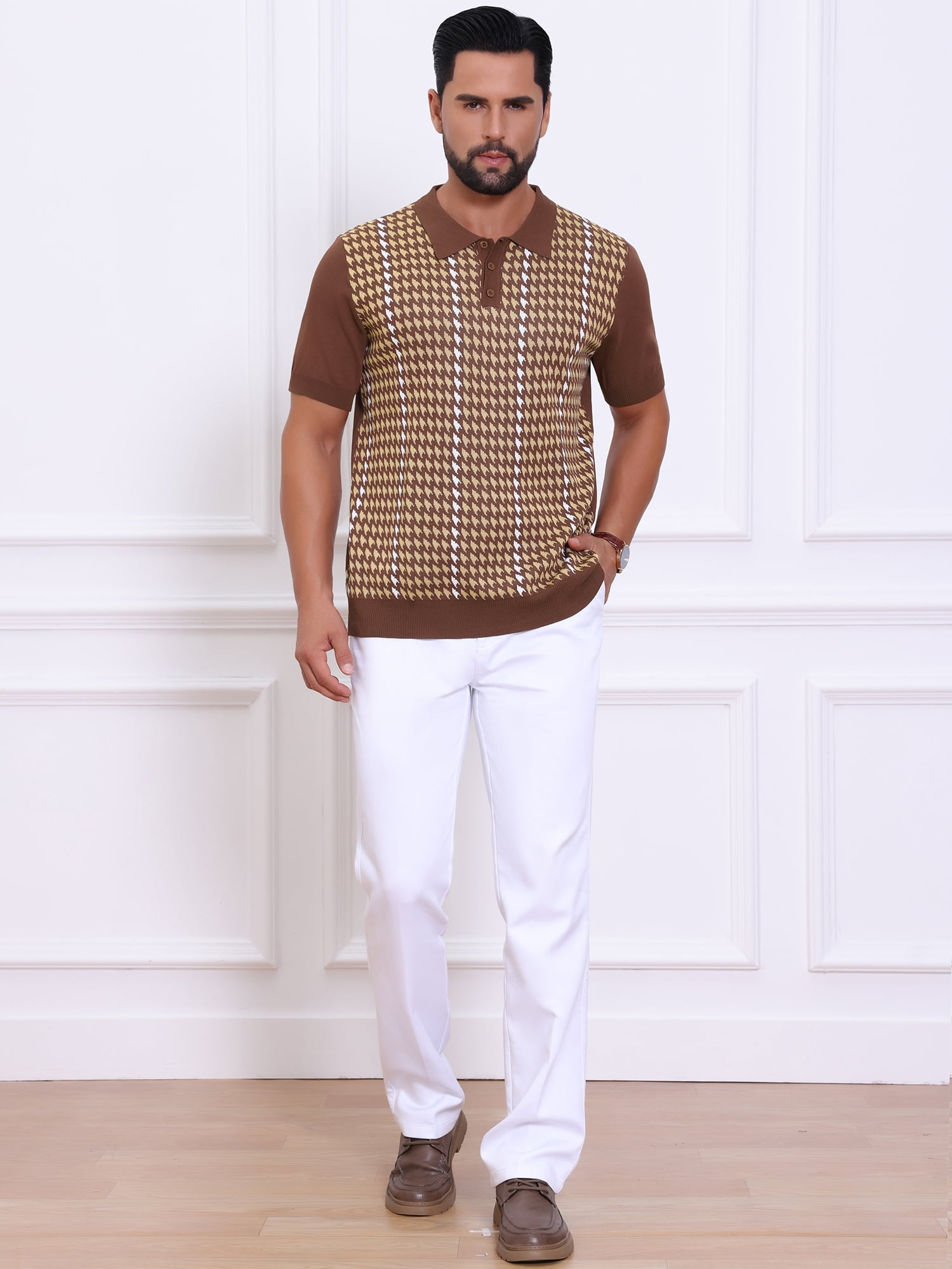DARING DIVA Men's Houndstooth Summer Short Sleeve Casual Knit Polo Shirt M Brown