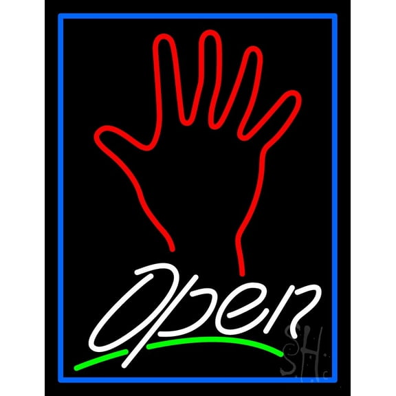 White Open Psychic Blue Border LED Neon Sign 31" Tall x 24" Wide - inches Black Square Cut Acrylic Backing, with Dimmer - Bright and Premium built indoor LED Neon Sign for Storefront.