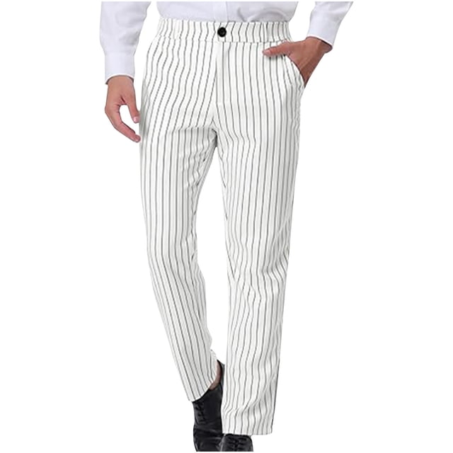Puntoco Pantalones de traje casuales con botones y bolsillos con estampado de rayas rectas para hombre