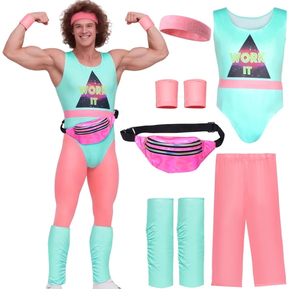 Forfamy 80s Fitness Instructor Costume for Men, 80s Workout Costumes, Men's Aerobics Outfit Fancy Dress Retro Fitness Outfits