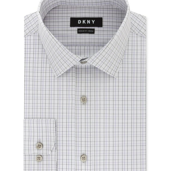 DKNY Mens Checked Button Down Dress Shirt, Purple, 17" Neck 34"-35" Sleeve