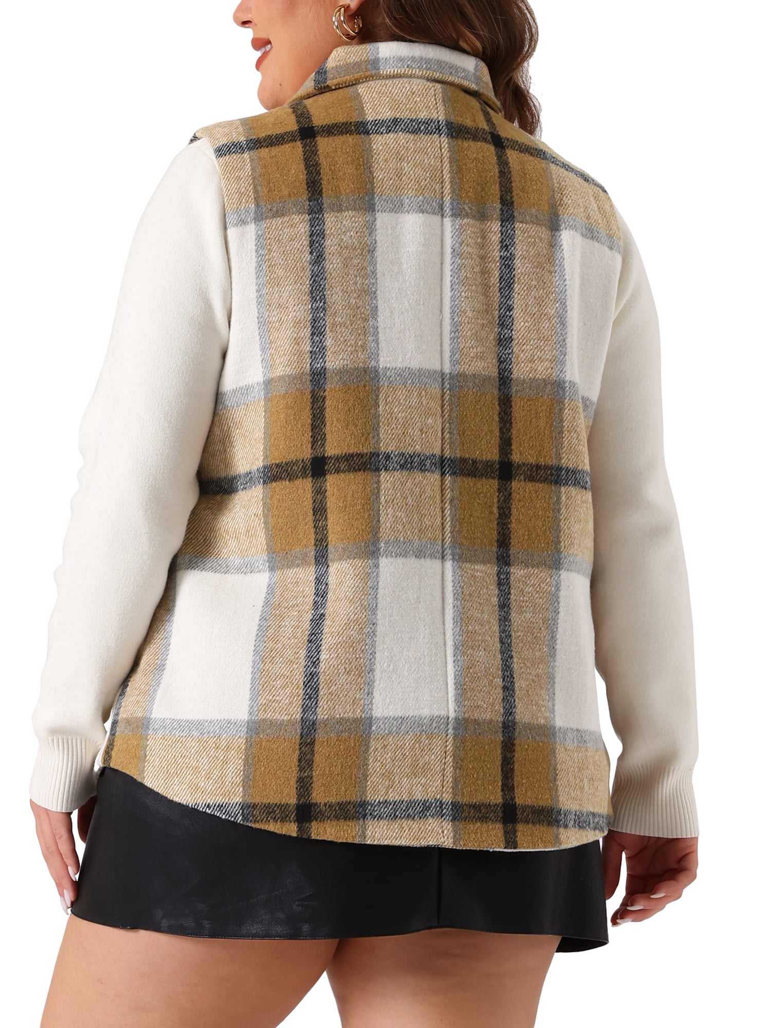 DARING DIVA Women's Plus Size Plaid Coat Slash Pocket Sleeveless Vest 2X White Brown
