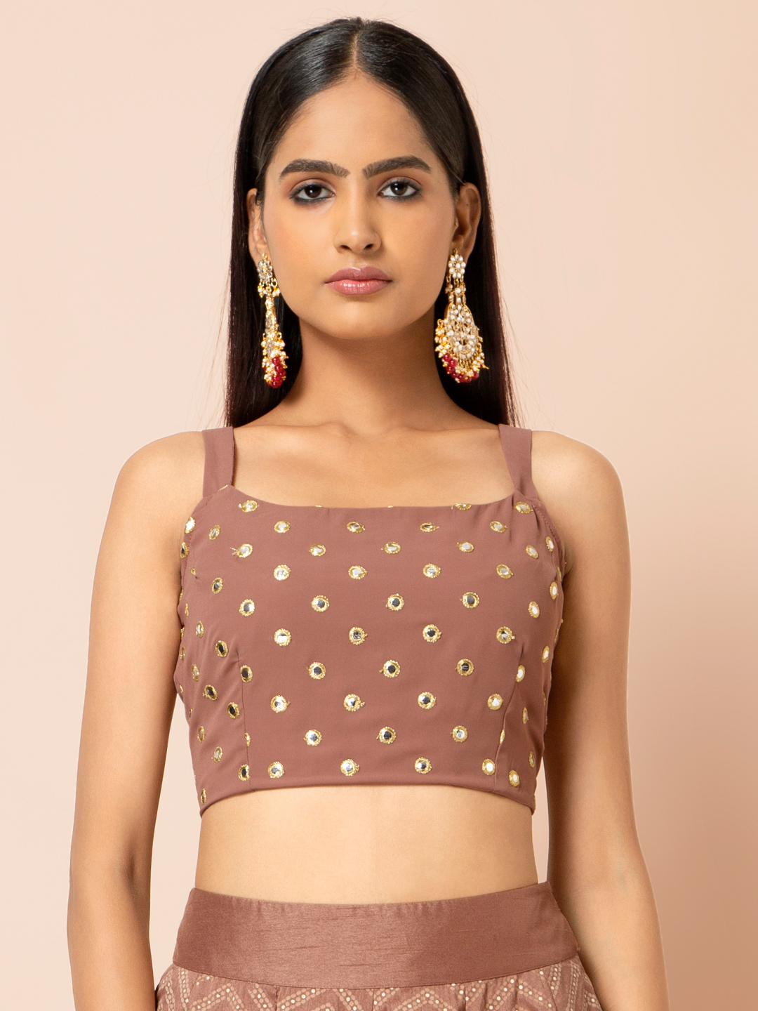 Indya Women's Rose Pink Mirror Work Strappy Crop Top