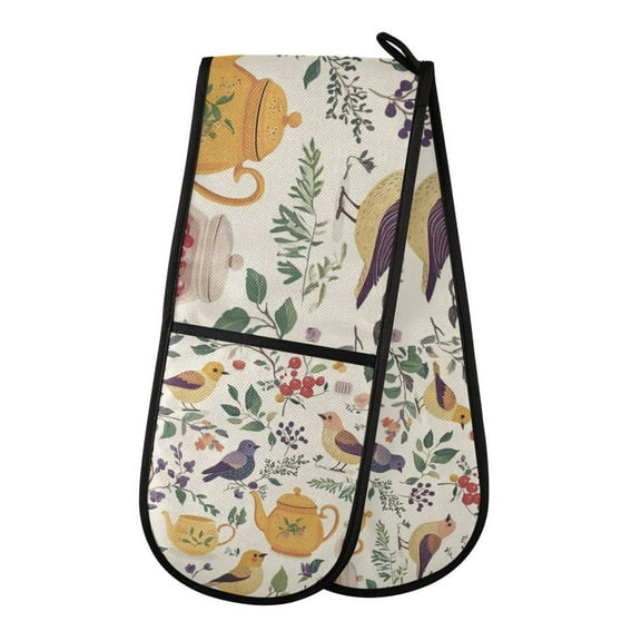 Yayeee Double Oven Mitt Kitchen Heat Resistant Baking 35" x7" Quilted Glove, Birds and Teapots