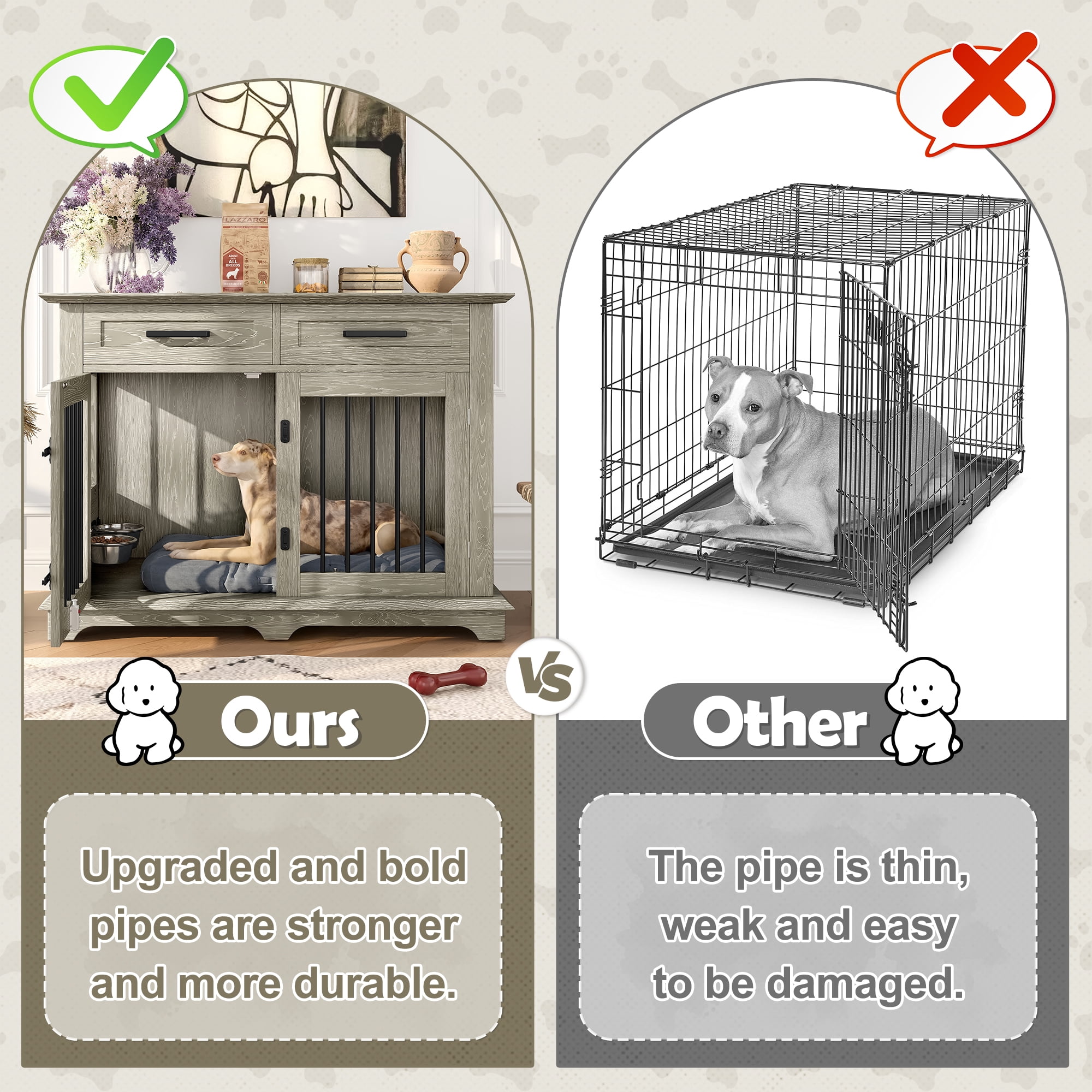 44.48" Large Dog Crate Furniture, Indoor Wooden Dog Kennel End Table with 2 Storage Drawers and Rotating Bowls, Decorative Pet Cage Dog House for Medium Dogs, Gray