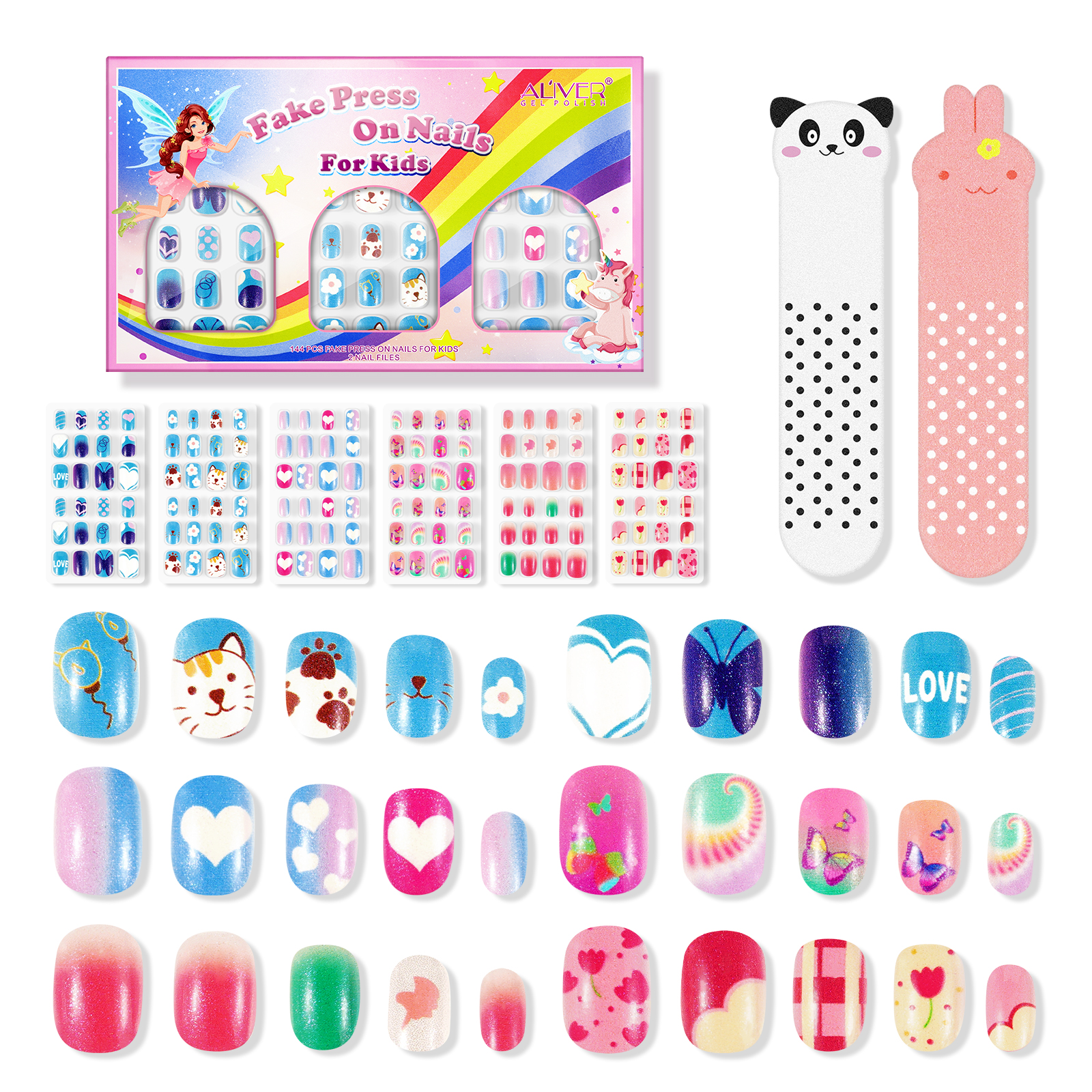 Aliver 144 Pieces Fake Press-On Nails for Kids, Style B photo 4