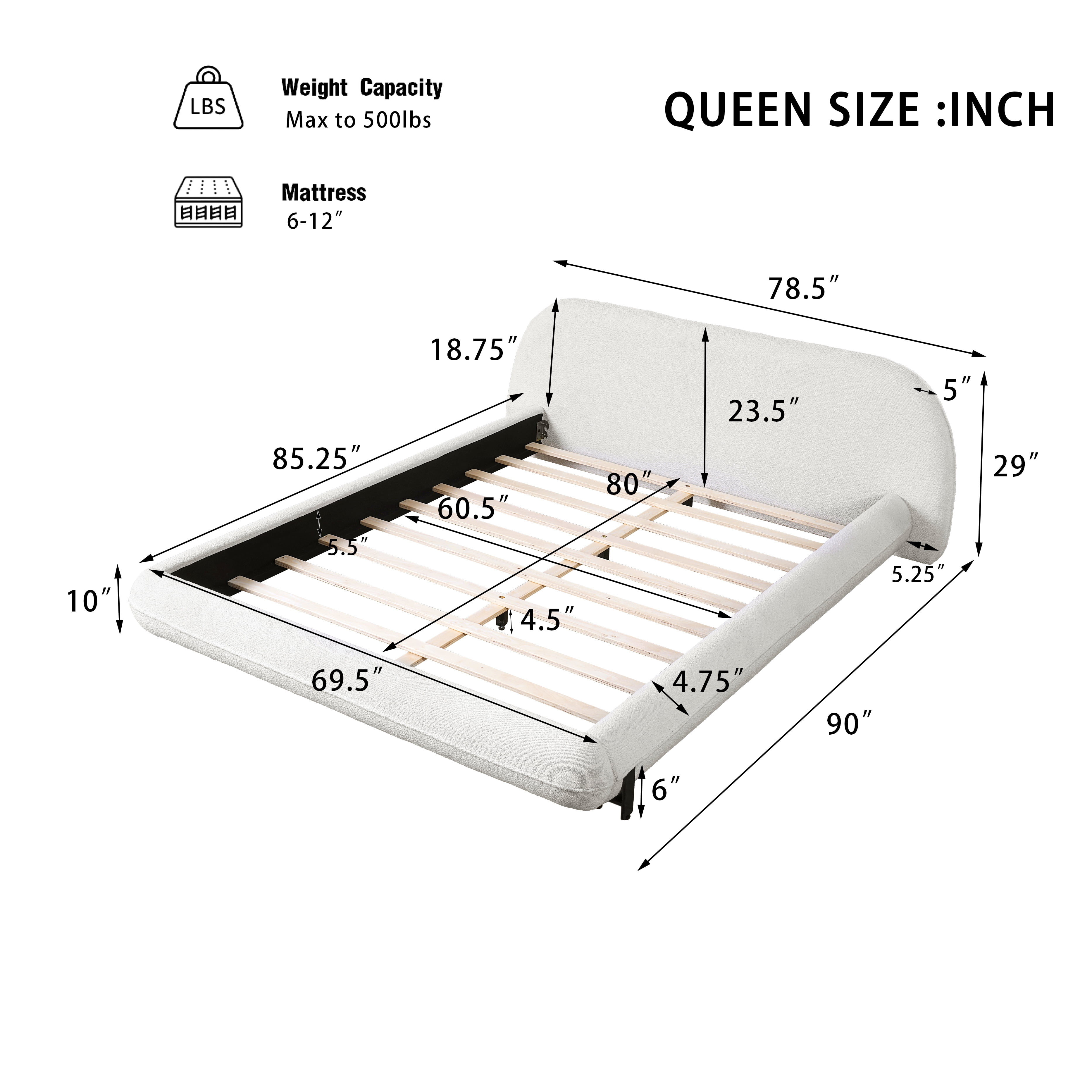 Queen Size Upholstered Bed Frame with Soft Boucle Fabric & Steel Legs, Thick Padded Headboard Platform Bed for Bedroom, White
