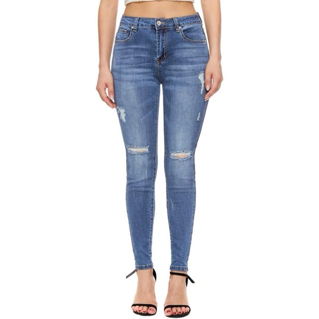 Pantalón denim mujer cintura alta skinny elástico slim fit desgastado cómodo 142-azul 2