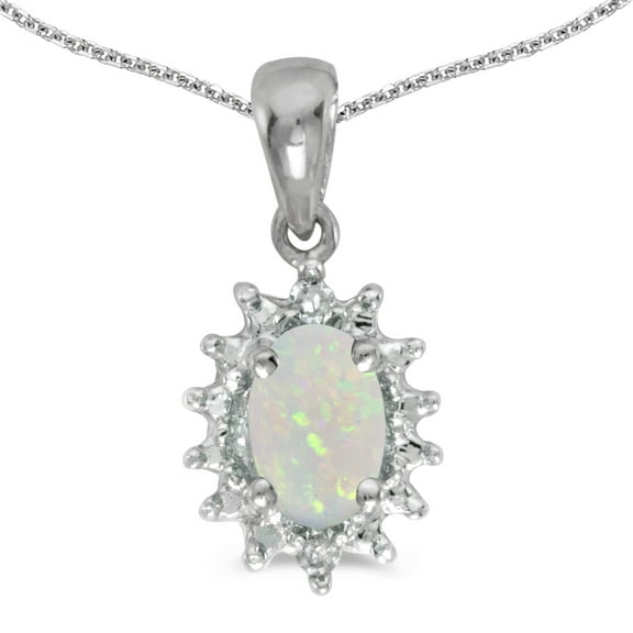 14k White Gold Oval Opal And Diamond Pendant with 18" Chain