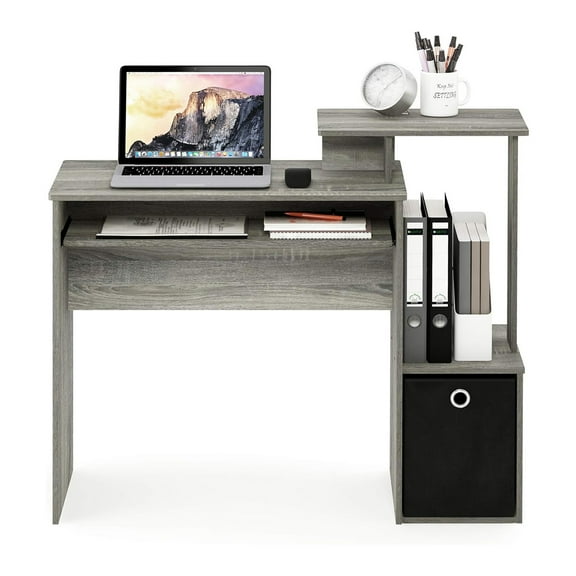 Computer Desk with Keyboard Tray, Gaming Desk, Home Office Desk with Side Shelves and Storage Bin, Grey Oak