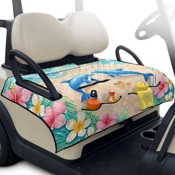 Xixirimido Golf Cart Seat Covers, Universal Golf Cart Seat Towel Blanket Quilted with 4 Pockets Fits for EZGO, Yamaha, Club Car & More 2-Seat Carts, Beach Dolphin Plumeria Floral