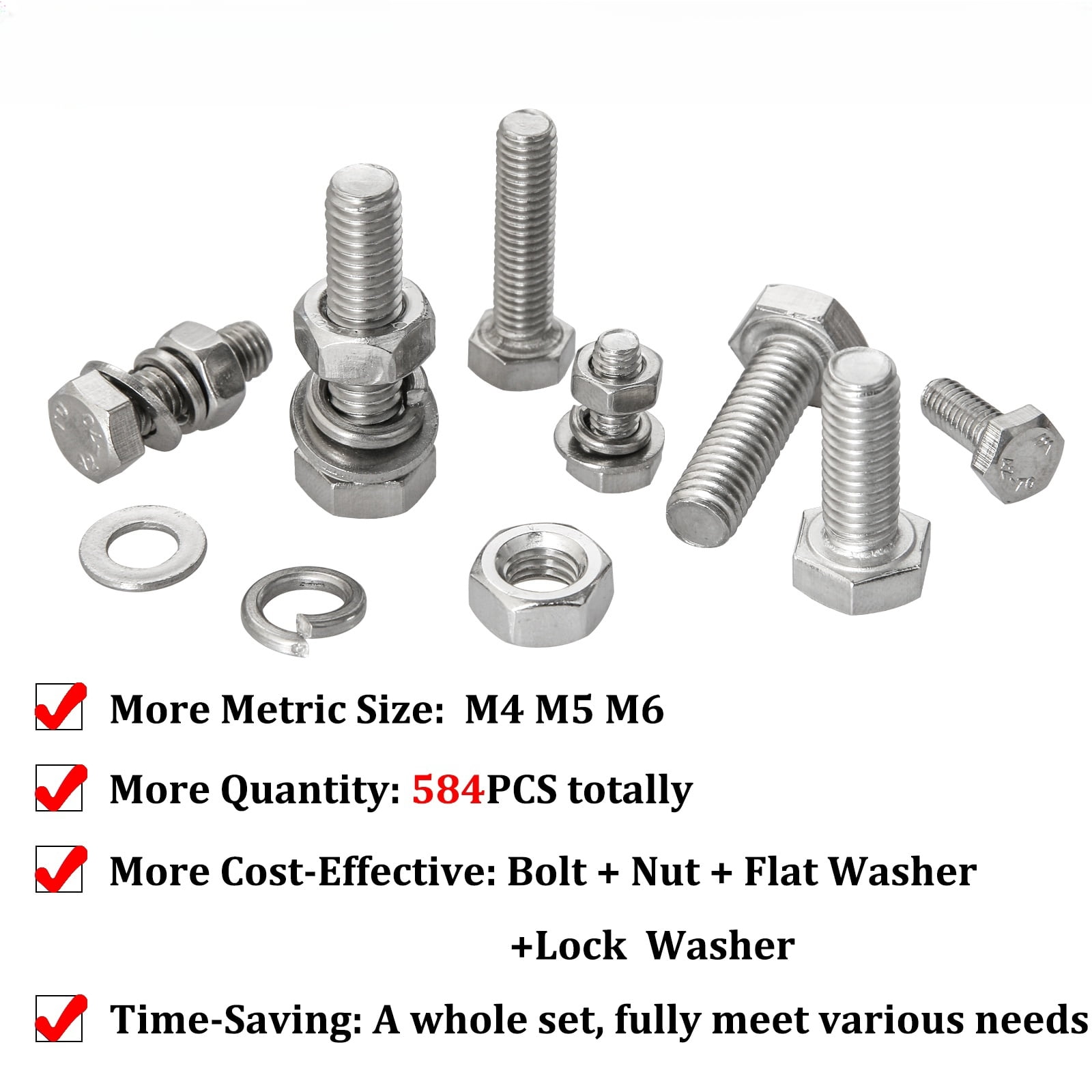 640-Piece M4 M5 M6 Stainless Steel Bolt & Nut Kit – Heavy Duty 304 SS Screw Set With Flat & Lock Washers