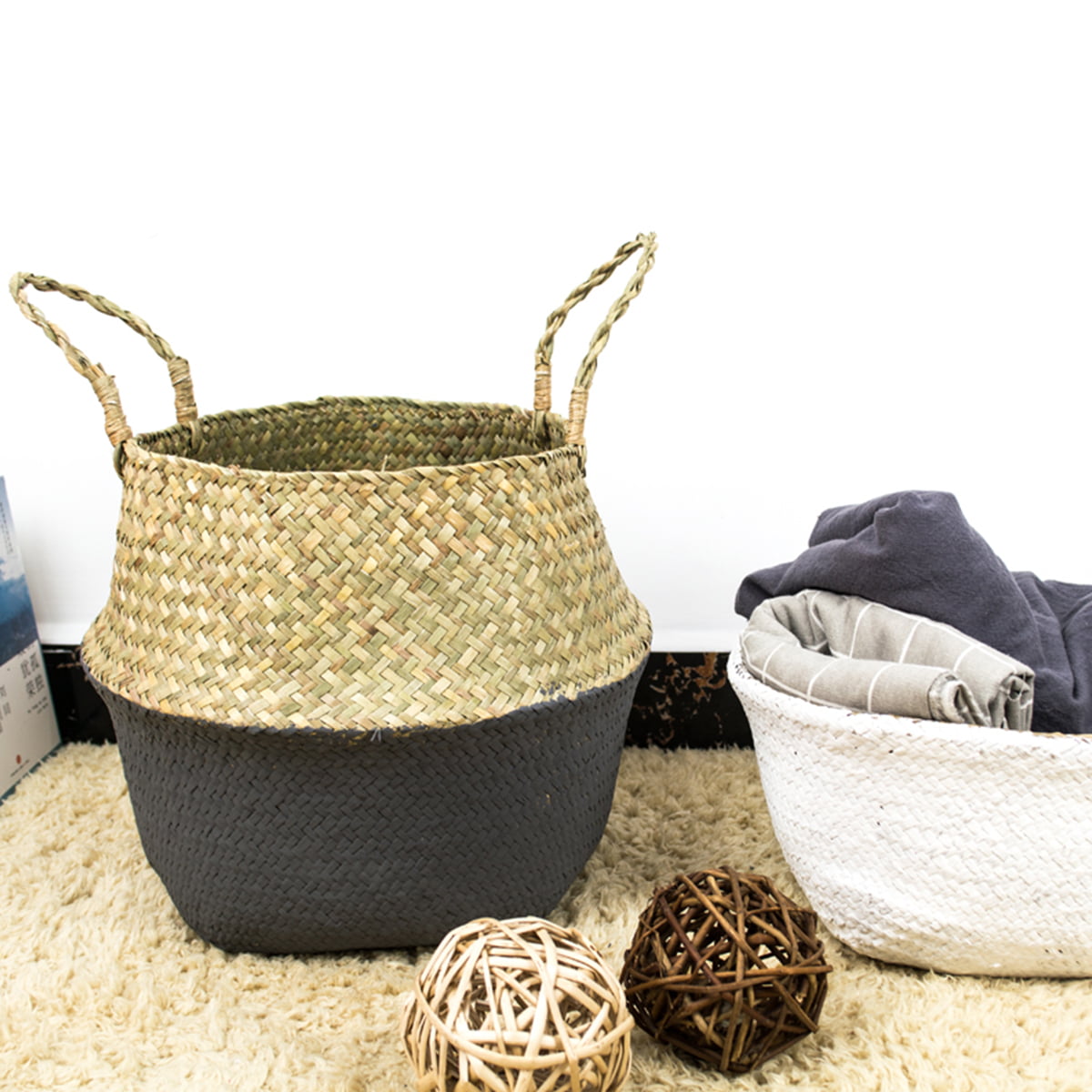 Belly Basket Foldable Woven Laundry Basket Flowerpot Planter Straw Basket DecorM 