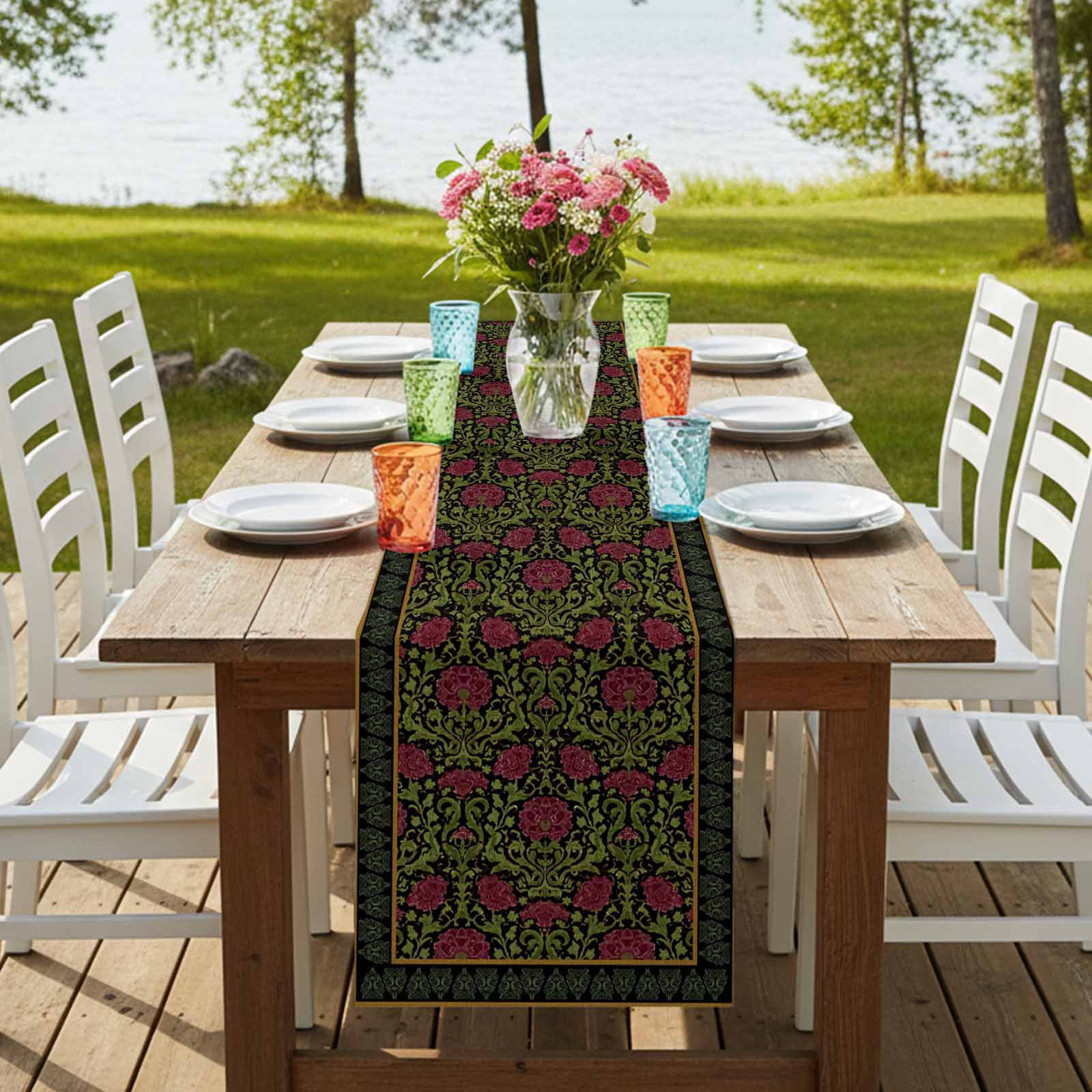 Table Runners 60 Inches Long Dress Scarves, Vintage Red Roses Farmhouse Kitchen/Dining Table Runner, Small Coffee Tablerunners, Abstract Art Floral Green Leaves 13x60 Inch