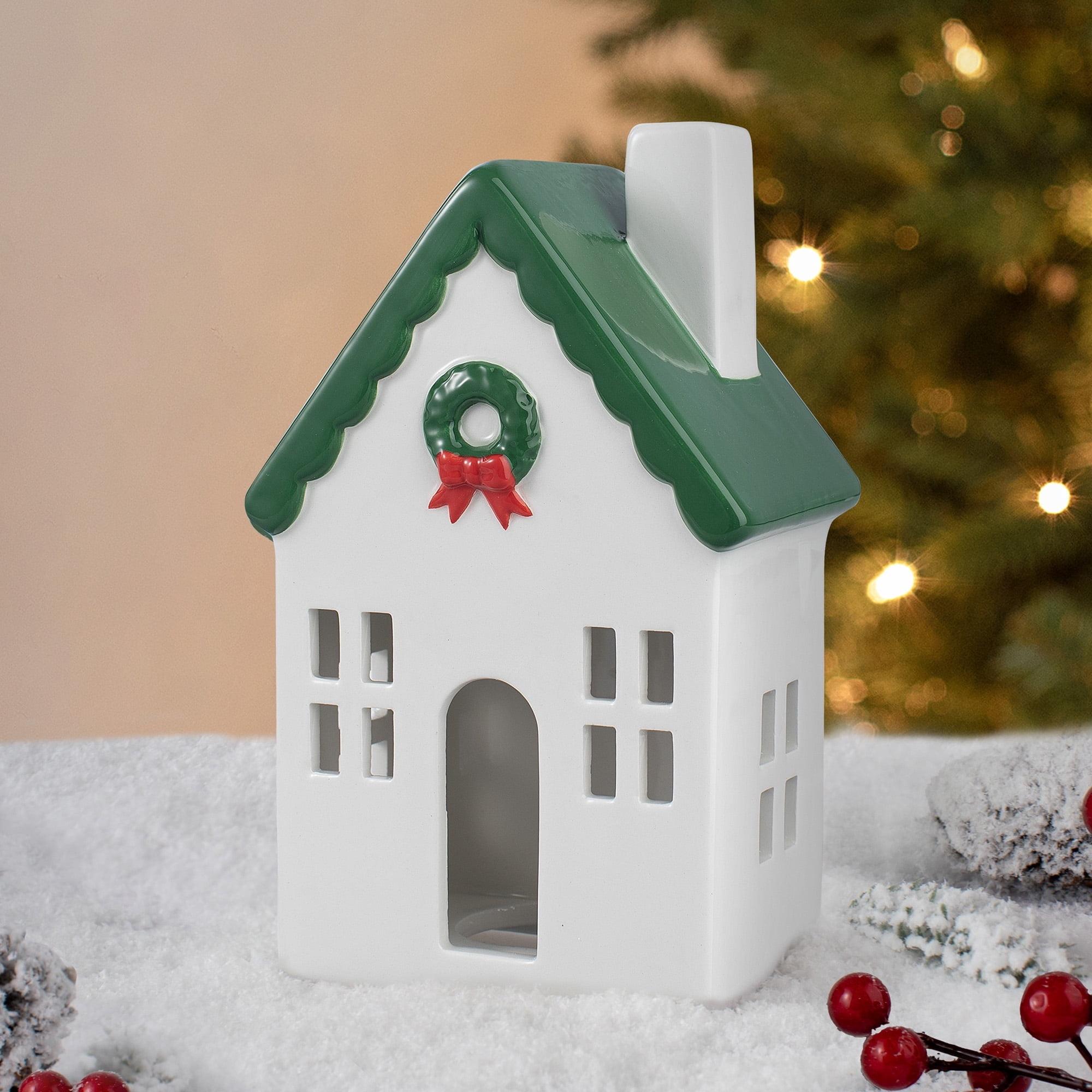 Ceramic House with Wreath Christmas Decoration, Red/White/Green, 7", by Holiday Time