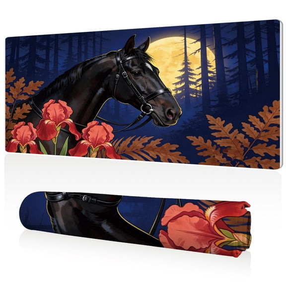 LIVEKEY Extra Large Gaming Mouse Pad 80x40x0.3cm Black Horse in Moonlit Forest with Iris Flowers Full Desk Coverage Non Slip Surface Durable Easy to Clean Stitched Edges for Gaming and Office