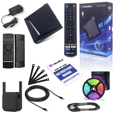 2025 vSeeBox V5 Pro New Model with Built-in Voice Control System | Includes LED Strip Light, Cable Ties, Ethernet Cable, Keyboard Air Mouse, Wifi Repeater | Android 12 | 4GB RAM | 32GB Storage