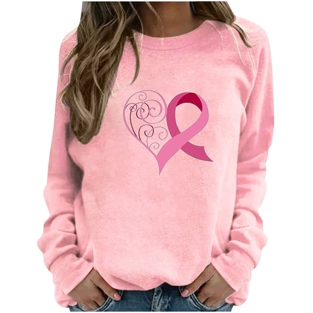 Jsaierl Sweat-Shirt de Sensibilisation au Cancer du Sein pour Femmes Ruban Rose Cœur Graphique Manches Longues Col Rond Pull Inspirant