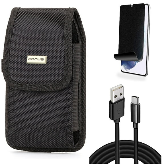 For Samsung Galaxy S21 (6.2") - [Fingerprint Works] TPU Film Privacy Screen Protector   Charger Cord Type-C 10ft USB Cable   Holster Rugged Case Belt Clip