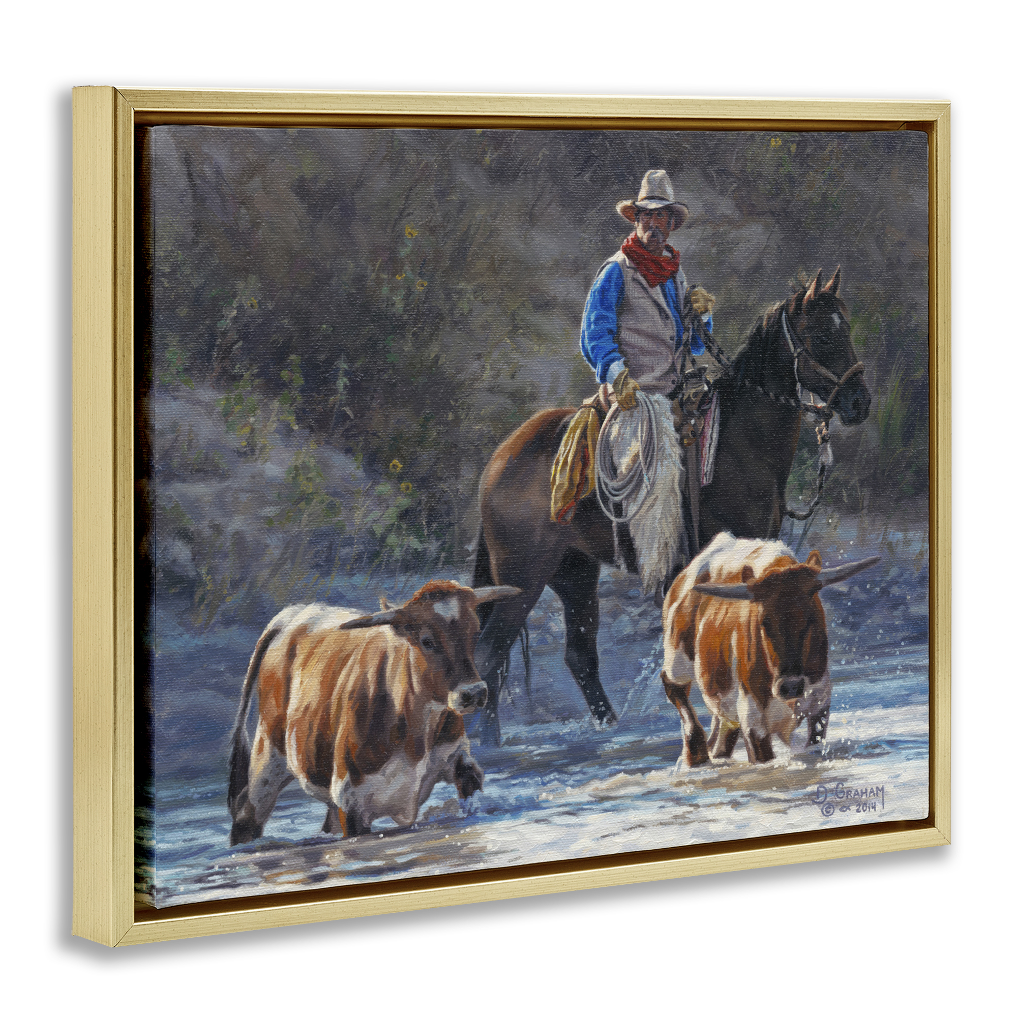 Stupell Industries Cowboy Crossing River Animals & Insects Painting Gold Floater Framed Canvas Art Print Wall Art, 31 x 25