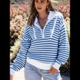 thumbnail image 4 of Suéter de Punto Acanalado de Larga con Media Cremallera A Rayas para Mujer, Tops Casuales, Cómodos y Ligeros, Moda de Otoño Azul S, 4 of 10