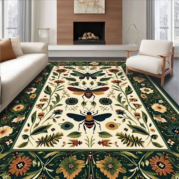 ODIKA 4'x6' Machine Washable Non-Slip Area Rug, Botanical Insect World Floral Accent High Traffic Rug, Green, 278179