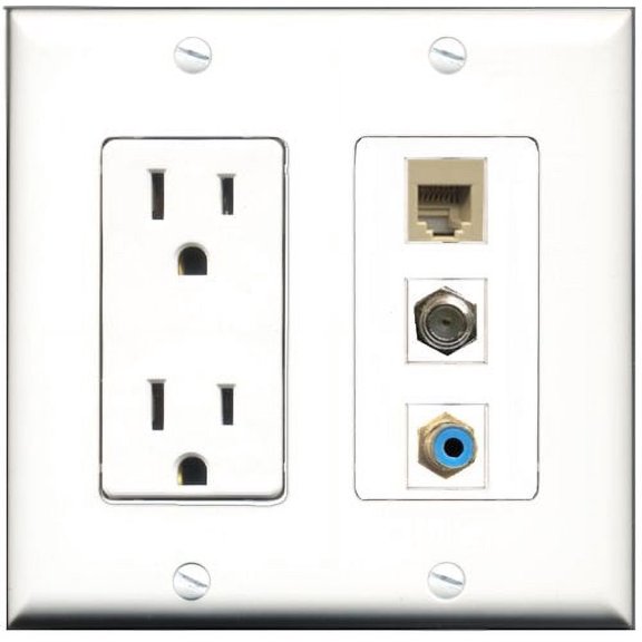 RiteAV - 15 Amp Power Outlet 1 Port RCA Blue 1 Port Coax 1 Port Phone Beige Decorative Wall Plate