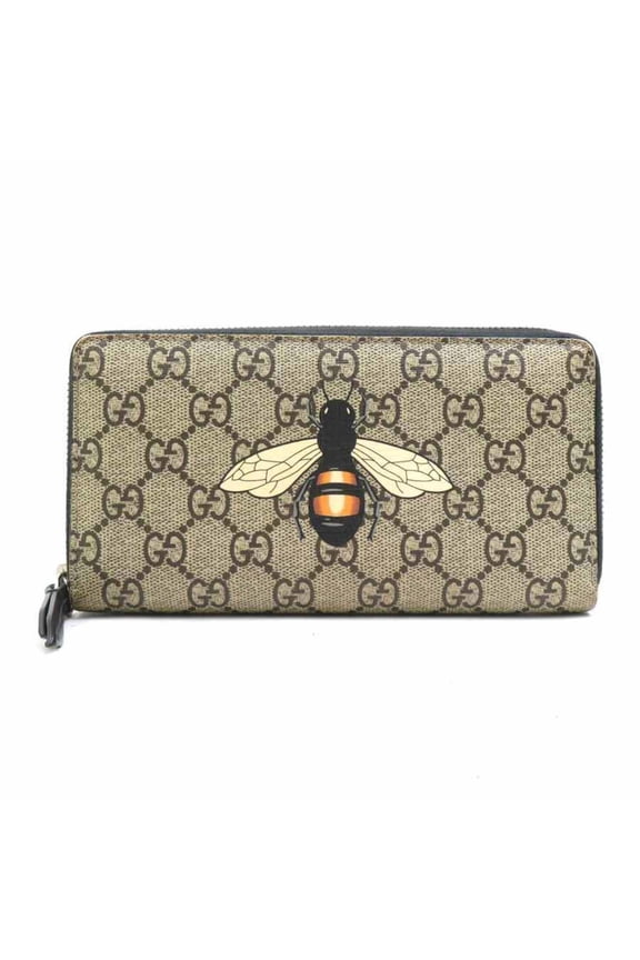 Pre-Owned Gucci GUCCI Round Zip Long Wallet Bee GG Supreme Canvas Beige Brown Men's e61807a
