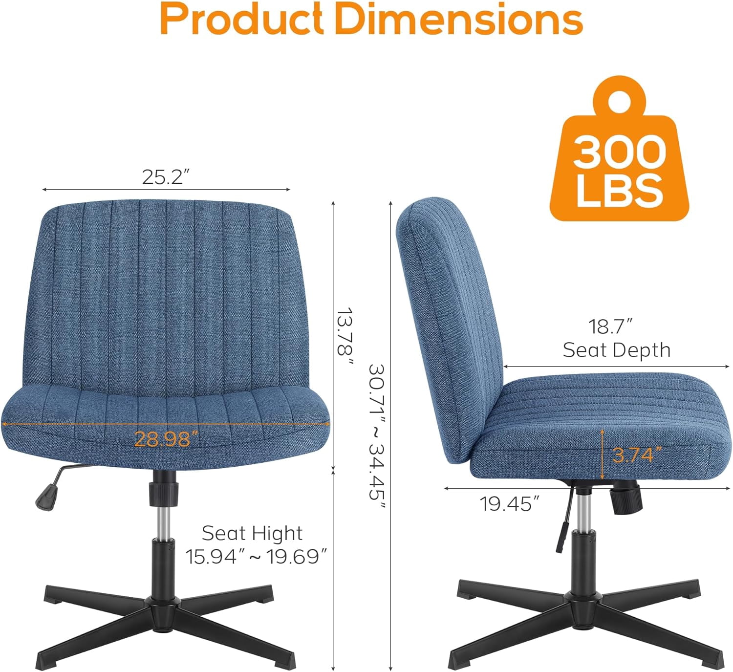Criss Cross Chair, Cross Legged Office Chair, Wide Comfty Desk Chair, No Wheels Armless Computer Task Chair, Swivel Fabric Vanity Home Chair, Height Adjustable