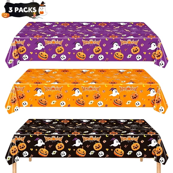 Godance 3 Pcs Halloween Tablecloth - 54 x 108 Inch Disposable Plastic Waterproof Table Cover for Rectangle, Pumpkin Spider Web Ghost Table Cloth for Home Decor Halloween Party Decorations