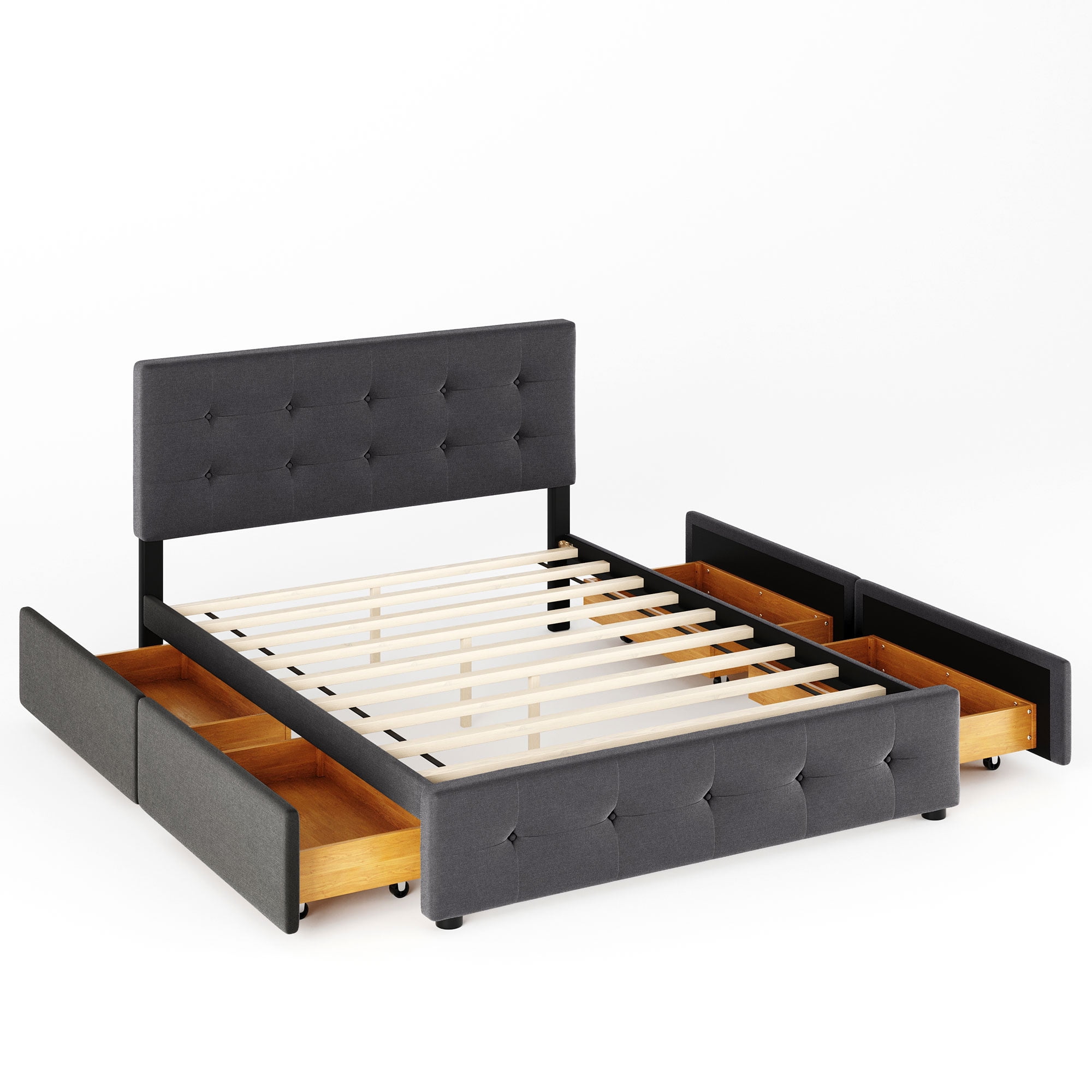 PAPROOS Queen Storage Bed Frame with 4 Drawers, Upholstered Platform Bed with Tufted Button Headboard, No Box Spring Needed, Heavy Duty Queen Size Bed Frame for Adults, Holds 500lbs, Light Gray