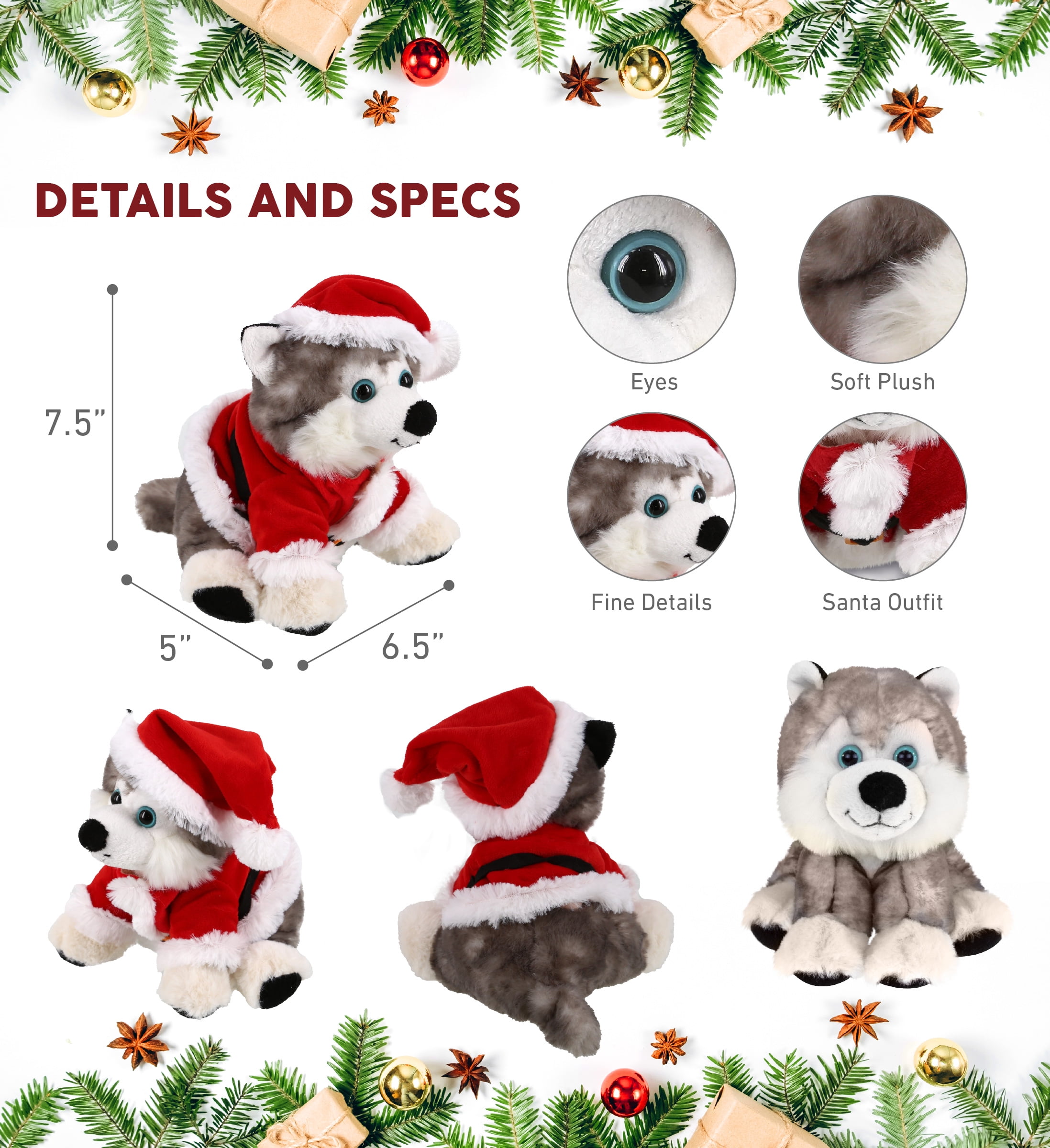 DolliBu Santa Floppy Husky Stuffed Animal Plush Toy - Super Soft Dog Plush Dress Up with Red Santa Claus Outfit, Cute Pet Holiday Christmas Gift - 7.5 Inches