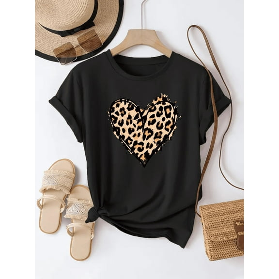 Summer Top Tee Leopard Print Heart Graphic  Lover T-Shirt Graphic T Shirts Women's Clothing Fashion