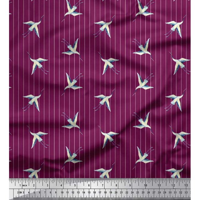 Soimoi polyester Crepe Fabric Stripe & Stork Bird Print Fabric by Yard 52 Inch Wide