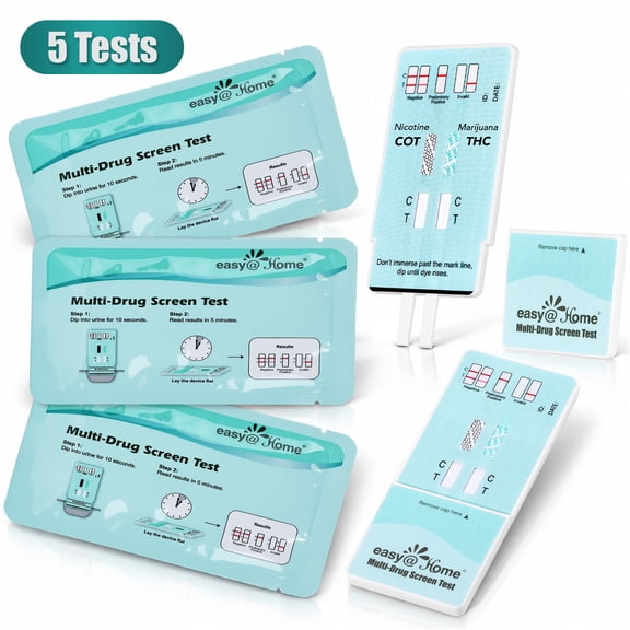 Easy@Home 5 Pack Multi-Drug Screen Test, 2 Panel Urine Drug Tests Kit for THC, Nicotine Metabolites Cotinine(COT) #EDOAP-124