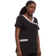 thumbnail image 2 of Ellen Tracy Contrast Women's Mock Wrap Fashion Scrub Top, Soft Stretch, Female Short Sleeve Medical Tops, Black Size S, 2 of 4