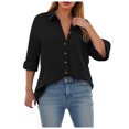 thumbnail image 4 of YDFCWXW Button Down Shirts for Women Long Sleeve Shirt Casual Loose Fit Blouses V Neck Collared Tops Work Blouse Black, L, 4 of 9