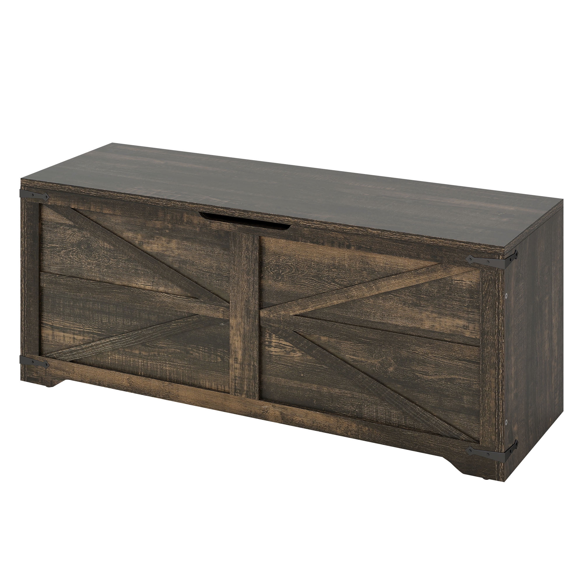 Uforic 47.2" Farmhouse Storage Bench with 2 Safety Hinges, Wooden Storage Chest with 2 Safety Hinges for Storage Organizer, Shoe Bench - Black Oak