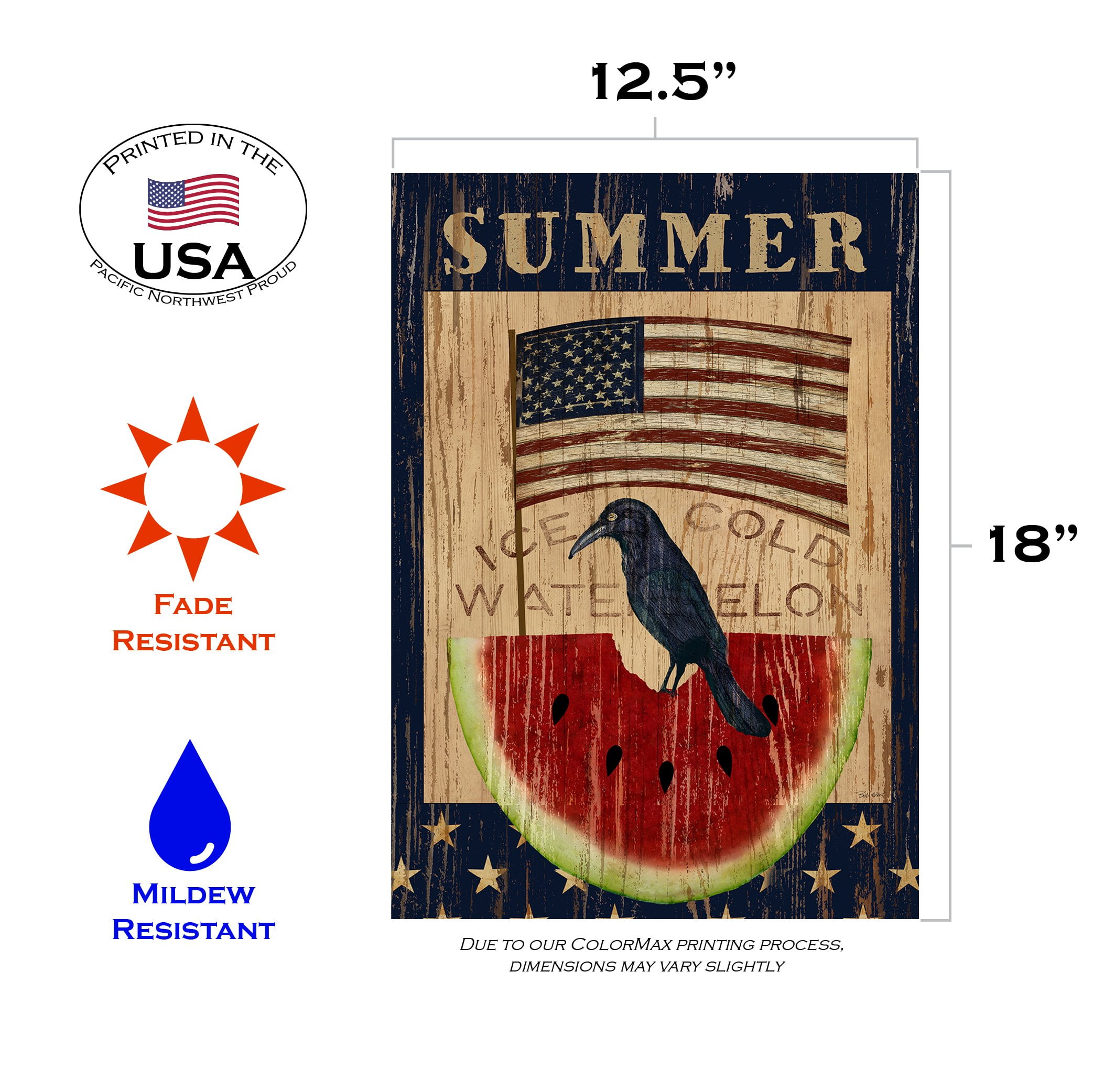 Toland Summer Watermelon 12.5 x 18 Rustic Sign Crow Star Stripes Garden Flag 