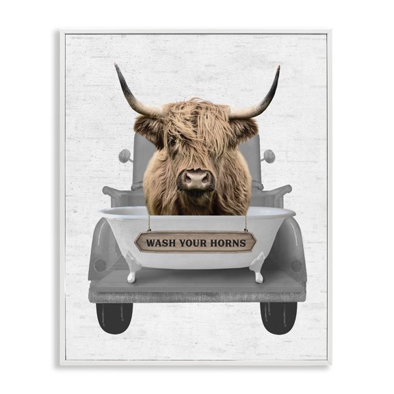 Stupell Industries Eclectic Wash Your Horns Cattle White Framed Giclee Art, 16 x 20, by Lettered and Lined