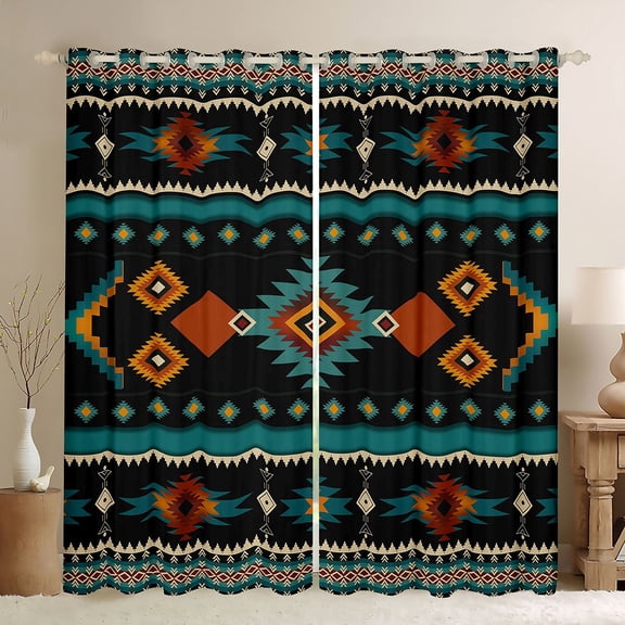 Manfei Tribal Aztec Kitchen Curtains, Boho Geometric Black Out Curtains Pack of 2 (42x63 Each), Teal, Orange and Black