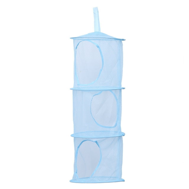 Hanging Mesh Space Saver Bags Organizer 3 Compartments Toy Storage Basket for Kids Room (Blue)