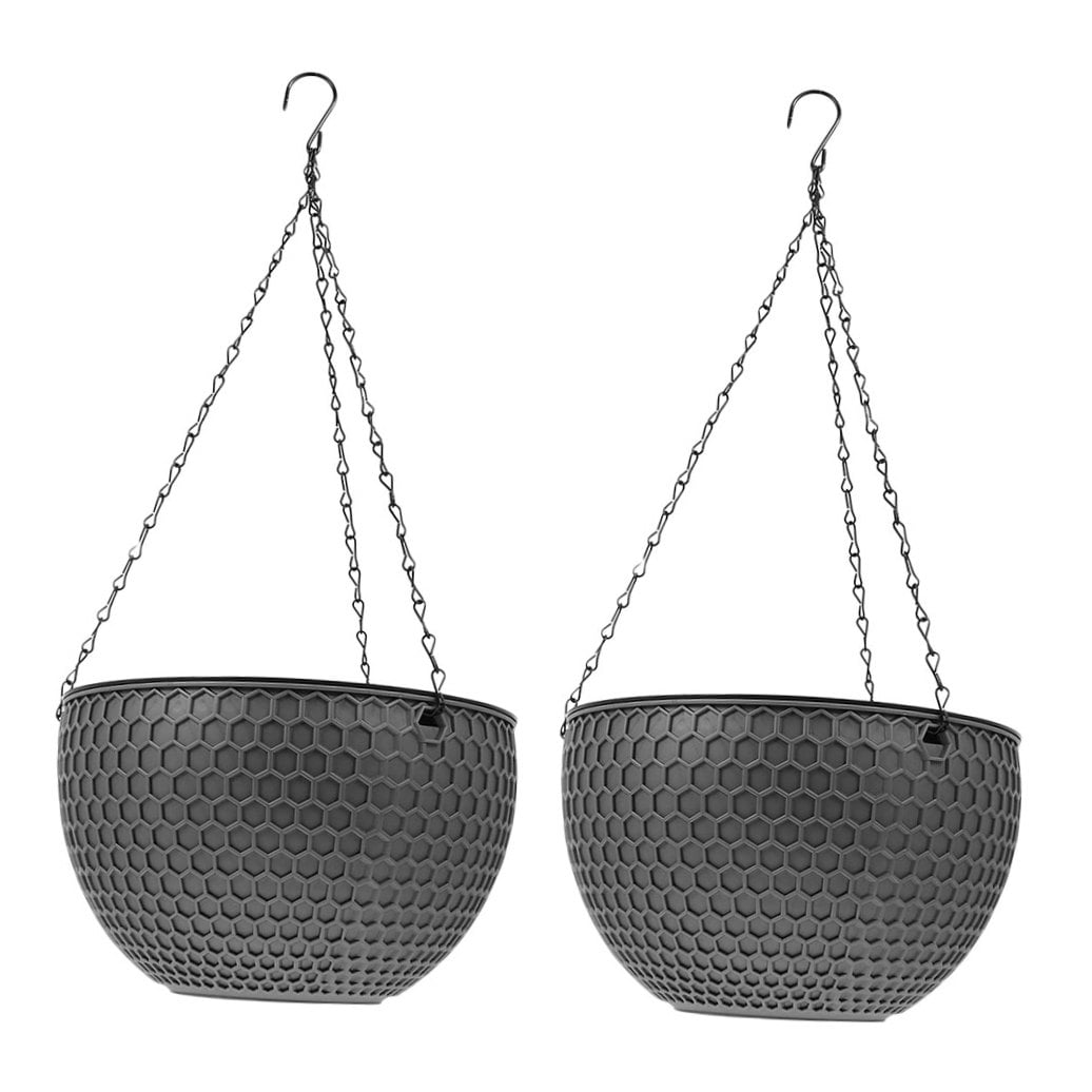 IBASETOY 2Pcs Dark Grey Plastic Round Hanging Planter Basket with Hook for Indoor Outdoor Succulent Display