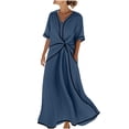 thumbnail image 2 of Gamivast Dresses for Women Linen Short Sleeve V-Neck Twist Front Maxi Dress Loose Fit A-Line Long Dress with Pockets Casual Resort Vacation Beach Dress Navy L, 2 of 6