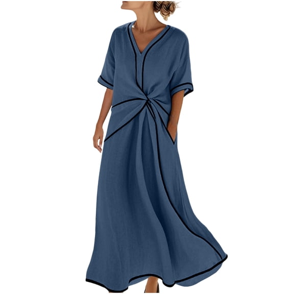Admvng Dress for Women Twist Front Short Sleeve V Neck Casual Summer Pocket Dress